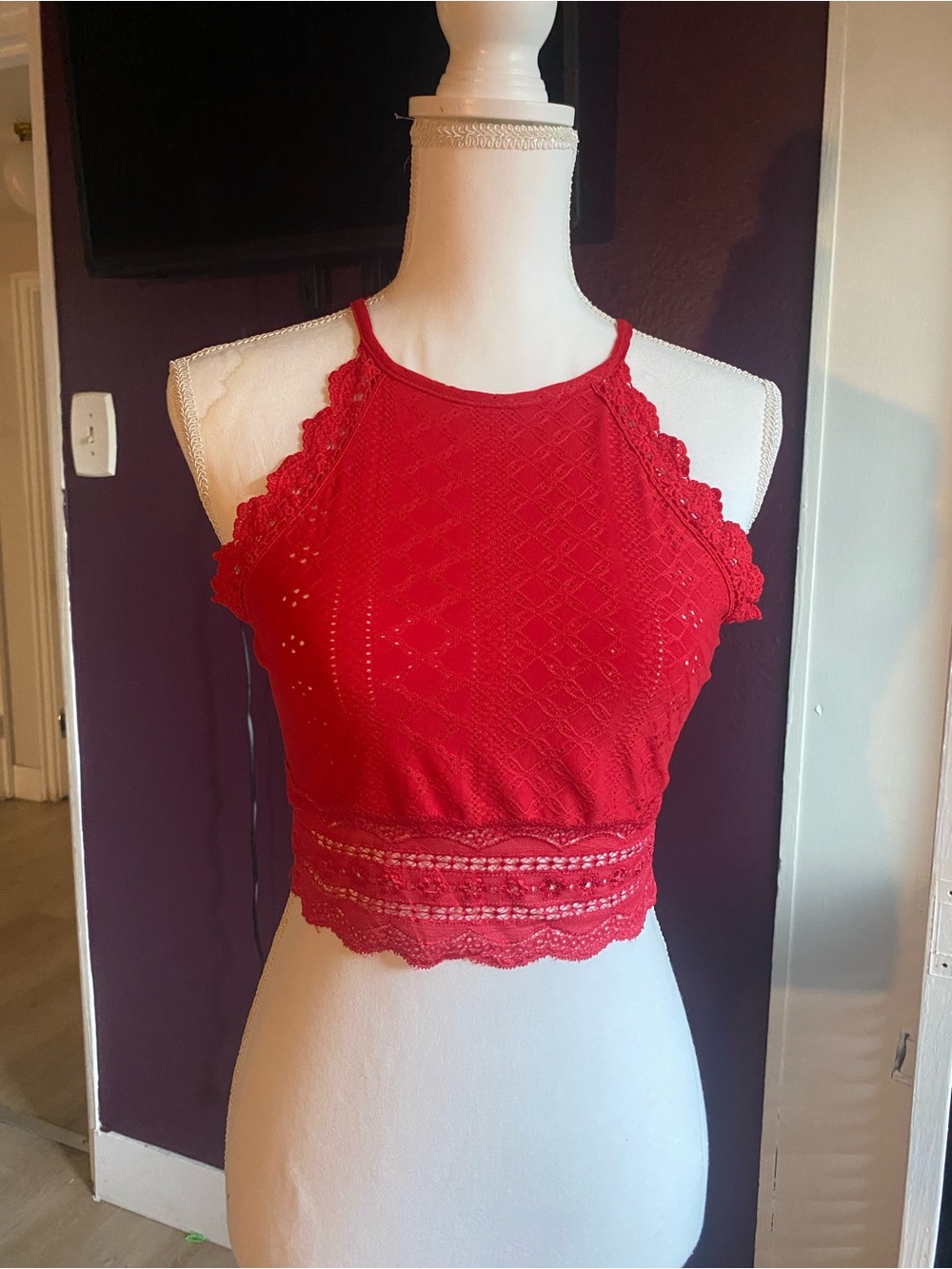 Source Unknown Red Lace Crop Halter Top